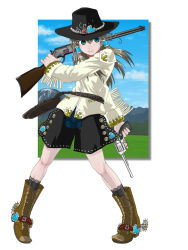 Rule 34 | 1girl, black hat, boots, cowboy western, cross-laced footwear, dual wielding, finger on trigger, fringe trim, full body, gun, handgun, hat, highres, holding, kimishin, kneehighs, lace, lace-trimmed legwear, lace-up boots, lace trim, original, outside border, revolver, rifle, socks, solo, standing, trigger discipline, weapon
