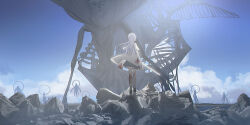 Rule 34 | 1girl, black footwear, black skirt, blood, blood on clothes, blood on leg, blue sky, chihuri, cloud, day, ende (chihuri), facing away, from behind, grey hair, highres, holding, holding sword, holding weapon, jacket, long hair, monster, original, outdoors, pleated skirt, shoes, skirt, sky, socks, solo, standing, sword, very long hair, weapon, white jacket, white socks