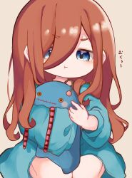 Rule 34 | 1girl, :t, awa awa teruru, blue eyes, blue sweater, brown hair, closed mouth, commentary request, full body, go-toubun no hanayome, hair over one eye, highres, holding, holding stuffed toy, long hair, looking at viewer, nakano miku, pout, seiza, sidelocks, simple background, sitting, sleeves past fingers, sleeves past wrists, solo, stuffed animal, stuffed toy, sweater, swept bangs, v-shaped eyebrows