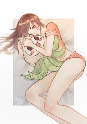 Rule 34 | 10s, 1girl, 2016, absurdres, blush, blush stickers, brown eyes, brown hair, character name, d.va (overwatch), dated, hugging doll, facepaint, facial mark, highres, legs, long hair, looking at viewer, lying, navel, hugging object, on side, open mouth, overwatch, overwatch 1, pachimari, shirt, short shorts, short sleeves, shorts, signature, solo, stuffed animal, stuffed octopus, stuffed toy, swept bangs, whisker markings