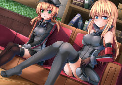 Rule 34 | 10s, 2girls, anchor choker, anchor hair ornament, armband, bare shoulders, bismarck (kancolle), blonde hair, blue eyes, book, bookshelf, breasts, covered erect nipples, cross, detached sleeves, dutch angle, green eyes, hair ornament, hat, unworn hat, unworn headwear, highres, indoors, iron cross, kaiyi, kantai collection, long hair, microskirt, multiple girls, peaked cap, prinz eugen (kancolle), seigaiha, sitting, skirt, small breasts, thighhighs, twintails
