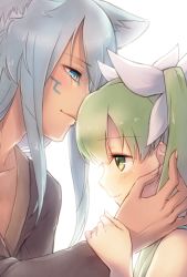 Rule 34 | 1boy, 1girl, animal ears, arm grab, blue eyes, blue hair, bush, close-up, closed mouth, couple, facial mark, fox ears, frey (rune factory), from side, green eyes, green hair, hair ribbon, hand in another&#039;s hair, hand on another&#039;s cheek, hand on another&#039;s face, leon (rune factory), long hair, looking at another, niduca (hio touge), profile, ribbon, rune factory, rune factory 4, simple background, smile, twintails, white background, white ribbon