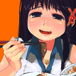 Rule 34 | 1girl, black hair, blue eyes, breasts, chopsticks, cleavage, eating, food, hair ornament, hand up, holding, holding chopsticks, jaggy lines, letter hair ornament, lips, long hair, lowres, medium breasts, open mouth, orange background, os-tan, pink lips, saburou (326xxx1), simple background, smile, solo, upper body, x hair ornament, xp-tan