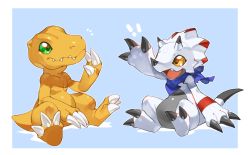 Rule 34 | !, :d, agumon, arm up, blue background, blue scarf, border, brown eyes, claws, closed mouth, commentary request, digimon, digimon (creature), eye contact, fangs, fangs out, full body, gammamon, green eyes, hand up, looking at another, no humans, notice lines, open mouth, scarf, sitting, smile, tapioka chaso, waving, white border