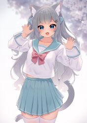 Rule 34 | 1girl, absurdres, animal ear fluff, animal ears, blue eyes, blue sailor collar, blue skirt, blurry, blurry background, bow, cat ears, cat girl, cat tail, claw pose, commentary request, depth of field, fang, grey hair, hair ornament, hairclip, hands up, highres, hinata (user rjkt4745), long hair, long sleeves, original, pleated skirt, puffy long sleeves, puffy sleeves, red bow, sailor collar, school uniform, serafuku, shirt, skirt, solo, tail, thighhighs, two side up, very long hair, white shirt, white thighhighs