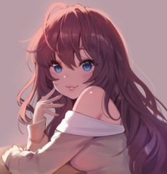 Rule 34 | 1girl, :3, ahoge, arm support, backlighting, bare shoulders, blue eyes, blush, breasts, brown hair, closed mouth, hair between eyes, highres, ichinose shiki, idolmaster, idolmaster cinderella girls, lips, long hair, long sleeves, looking at viewer, medium breasts, nail polish, off shoulder, pokachu, red nails, revision, shirt, simple background, smile, solo, spread fingers, upper body, wavy hair
