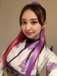 Rule 34 | 1girl, costume, highres, indoors, japanese clothes, kimono, komiya arisa, long hair, looking at viewer, multicolored hair, photo (medium), selfie, simple background, solo, standing, voice actor