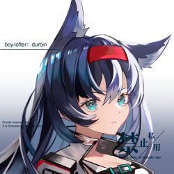 Rule 34 | 1girl, animal ears, arknights, artist name, blaze (arknights), blue hair, breasts, cat ears, cleavage, closed mouth, commission, durbin, gradient background, grey background, hairband, highres, long hair, looking at viewer, medium breasts, portrait, red hairband, solo, white background