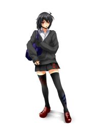 Rule 34 | 1girl, adapted costume, ahoge, asymmetrical wings, black hair, black thighhighs, contemporary, female focus, gradient background, houjuu nue, k2isu, mouth hold, red eyes, school uniform, short hair, skirt, solo, sweater, thighhighs, touhou, white background, wings, zettai ryouiki