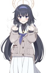 Rule 34 | 1girl, bags under eyes, black hair, blue archive, blue eyes, blush, claw pose, commentary request, hair between eyes, halo, headband, heavy breathing, highres, hoshino ouka, jewelry, long hair, long sleeves, looking at viewer, low twintails, necklace, open mouth, pleated skirt, ribbed sweater, school uniform, serafuku, sidelocks, simple background, skirt, solo, sweatdrop, sweater, turtleneck, turtleneck sweater, twintails, ui (blue archive), visible air, white background