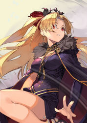Rule 34 | 1girl, absurdres, alwaysregg, black dress, blonde hair, bow, breasts, cleavage cutout, clothing cutout, detached collar, dress, earrings, ereshkigal (fate), fate/grand order, fate (series), gold trim, hair bow, highres, hoop earrings, jewelry, long hair, medium breasts, parted bangs, parted lips, red eyes, short dress, single sleeve, skull, solo, spine, thighs, tiara, two side up