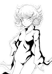 Rule 34 | 1girl, absurdres, closed mouth, commentary request, cowboy shot, dress, greyscale, hand on own hip, highres, himajin noizu, long sleeves, monochrome, one-punch man, short hair, side slit, simple background, solo, tatsumaki, tsurime, white background