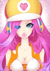 Rule 34 | 1girl, alternate costume, arcade miss fortune, blue eyes, breasts, blowing bubbles, chewing gum, cleavage, female focus, hat, headphones, heart, heart-shaped pupils, karousel-k, league of legends, lips, long hair, medium breasts, pink hair, miss fortune (league of legends), solo, symbol-shaped pupils
