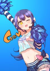 Rule 34 | 1girl, arm up, bare shoulders, blue background, blue hair, blush, cheerleader, commentary request, cowboy shot, elbow gloves, gloves, goe (g-o-e), hair between eyes, headphones, headset, heart, highres, holding, long hair, looking at viewer, love live!, love live! school idol festival, love live! school idol project, midriff, navel, one eye closed, open mouth, pom pom (cheerleading), simple background, skirt, smile, solo, sonoda umi, striped clothes, striped gloves, takaramonozu, thighhighs, yellow eyes