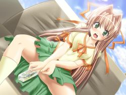 Rule 34 | 1girl, blouse, blue sky, blush, bottle, breasts, brown hair, cleavage, cloud, cloudy sky, covering privates, covering crotch, day, embarrassed, game cg, green eyes, green skirt, hair intakes, hair ribbon, kneehighs, long hair, looking at viewer, open mouth, orange ribbon, outdoors, pee, peeing, peeing in bottle, presence, ribbon, sasakawa ai, shirt, sitting, skirt, sky, socks, solo, spread legs, surprised, takapiko, white socks