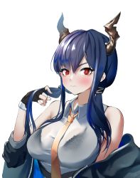 Rule 34 | 1girl, absurdres, arknights, bare shoulders, black bra, black gloves, black jacket, blue hair, blush, bra, breasts, ch&#039;en (arknights), commentary, dragon horns, fingerless gloves, gloves, hair between eyes, hand up, highres, horns, jacket, large breasts, long hair, looking at viewer, low twintails, off shoulder, open clothes, open jacket, red eyes, see-through, shirt, simple background, sleeveless, sleeveless shirt, solo, teom, twintails, underwear, upper body, white background, white shirt