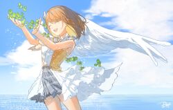 Rule 34 | 1girl, angel wings, bare arms, blue sky, brown hair, buttons, closed eyes, cloud, cloudy sky, clover, collared shirt, colored inner hair, commentary request, cowboy shot, cupping hands, day, facing viewer, feathered wings, floating hair, grey skirt, hair ornament, hanasato minori, hands up, happy, heart, heart hair ornament, highres, horizon, laughing, light blush, light particles, medium hair, multicolored hair, open mouth, orange vest, outdoors, own hands together, plaid, plaid skirt, pleated skirt, project sekai, qunqingyue, shirt, skirt, sky, solo, sunlight, swept bangs, teeth, todoke! hopeful stage (project sekai), two-tone vest, upper teeth only, vest, waist cape, water, white shirt, white vest, white wings, wing collar, wing hair ornament, wings