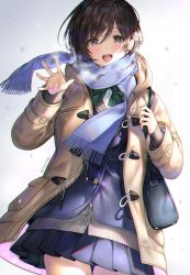 Rule 34 | 1girl, bag, blazer, blush, bow, bowtie, breasts, brown eyes, brown hair, buttons, coat, duffel coat, jacket, long sleeves, looking at viewer, medium breasts, miniskirt, open clothes, open jacket, open mouth, original, pleated skirt, scarf, school bag, sencha (senchat), short hair, skirt, smile, solo, standing, swept bangs