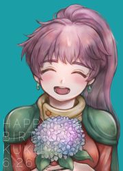 Rule 34 | 1girl, arc the lad, blush, breasts, commentary request, earrings, flower, happy, highres, jewelry, kukuru (arc the lad), long hair, namerow chang, open mouth, ponytail, purple hair, simple background, smile, solo