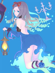 Rule 34 | 1girl, ankle ribbon, ass, bare back, bare legs, bare shoulders, barefoot, blue background, blue dress, blue eyes, blue gloves, bridal gauntlets, candelabra, candlestand, crown, dress, drill hair, elbow gloves, enkyo yuuichirou, female focus, floating, from behind, ghost, gloves, grey hair, hair ribbon, hat, highres, hisho collection, lantern, leg ribbon, long hair, looking at viewer, looking back, mole, mole under eye, nail polish, open mouth, parted lips, purple nails, red ribbon, ribbon, simple background, solo
