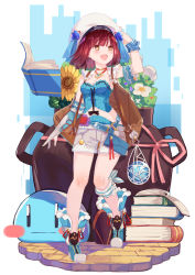 Rule 34 | 1girl, :d, atelier (series), atelier firis, atelier sophie, backpack, bag, blue shirt, book, bow, brown hair, female focus, flower, full body, gloves, hat, highres, jewelry, looking to the side, necklace, open mouth, partially fingerless gloves, pink bow, puni (atelier), ryuuno6, shiny skin, shirt, shoes, short hair, shorts, smile, solo, sophie neuenmuller, star-shaped pupils, star (symbol), striped, symbol-shaped pupils, vertical stripes, white hat, wrist cuffs, yellow eyes