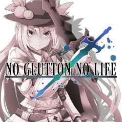 Rule 34 | 1girl, armor, belt, buronko, closed mouth, commentary request, english text, final fantasy, final fantasy xi, frown, greyscale, hat, highres, hinanawi tenshi, holding, holding sword, holding weapon, long hair, looking at viewer, mixed-language commentary, monochrome, nikka (cryptomeria), peach hat ornament, pointy ears, simple background, solo, sword, touhou, weapon