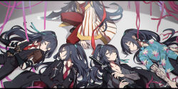 Rule 34 | 5boys, arm tattoo, black coat, black hair, black vest, blue shirt, chinese clothes, closed eyes, closed mouth, coat, commentary request, dao (weapon), facing to the side, floral print, gold trim, half updo, hawaiian shirt, high ponytail, highres, holding, holding sword, holding weapon, hong lu (project moon), katana, limbus company, long hair, long sleeves, multiple boys, multiple views, necktie, pants, project moon, red necktie, red pants, red shirt, shiki (shikki46), shirt, short sleeves, sleeping, striped, striped coat, sword, tattoo, very long hair, vest, weapon, white coat