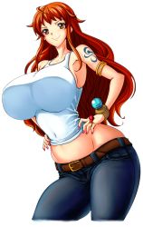 Rule 34 | 1girl, ass, blush, breasts, brown eyes, covered navel, curvy, denim, female focus, highres, huge breasts, jeans, jewelry, long hair, midriff, nail, nami (one piece), one piece, pants, red hair, smile, solo, tattoo, wide hips