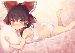 Rule 34 | &gt;:(, 1girl, ass, barefoot, black hair, blush, bow, brown hair, butt crack, camisole, frown, hair bow, hair tubes, hakurei reimu, leg up, long hair, looking at viewer, lying, minamura haruki, on stomach, panties, pillow, ponytail, red bow, red eyes, sidelocks, soles, solo, strap slip, tears, touhou, underwear, underwear only, v-shaped eyebrows, white panties
