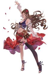 Rule 34 | 1girl, absurdres, arm up, bare shoulders, belt pouch, black thighhighs, breasts, brown hair, cleavage, closed mouth, commentary, fingernails, flower, full body, gran saga, green eyes, hair flower, hair ornament, high heels, highres, jewelry, lips, long hair, looking at viewer, makeup, medium breasts, midriff, mole, mole under eye, navel, petals, pouch, red skirt, see-through, simple background, single thighhigh, skirt, sleeveless, smile, stomach, thigh strap, thighhighs, toeless footwear, toeless legwear, toes, wave 61, white background
