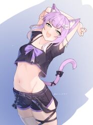 Rule 34 | 1girl, animal ear fluff, animal ears, arms up, black shirt, black shorts, cat ears, cat girl, cat tail, collarbone, cowboy shot, cropped shirt, green eyes, hair ornament, highres, indie virtual youtuber, looking at viewer, navel, open mouth, shirt, short sleeves, shorts, shwaa, single thighhigh, solo, tail, thighhighs, tilt-shift (azalanz), virtual youtuber, white thighhighs