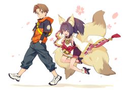 Rule 34 | 1boy, 1girl, :d, animal ears, bell, black hair, bright pupils, brown eyes, brown hair, closed mouth, closed eyes, floating, fox ears, fox tail, from side, geta, grey pants, hands in pockets, highres, hood, hood down, hoodie, inu no sakuya, jingle bell, kotatsu (g-rough), long sleeves, looking at viewer, looking to the side, multiple tails, open mouth, orange hoodie, outstretched arms, pants, ponytail, puffy shorts, rope, sandals, shimenawa, shoes, shorts, smile, spread arms, tail, tengu-geta, white footwear, white pupils, wide sleeves