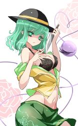 Rule 34 | 1girl, bare arms, black bra, black hat, bra, breasts, buttons, cleavage, floral background, floral print, green eyes, green hair, green skirt, hands up, hat, heart, heart-shaped pupils, heart of string, highres, holding, holding knife, knife, komeiji koishi, looking at viewer, medium breasts, midriff, miniskirt, off shoulder, pointy ears, raptor7, shirt, simple background, skirt, solo, symbol-shaped pupils, third eye, touhou, underwear, white background, yellow shirt