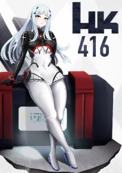 Rule 34 | 1girl, :o, arms behind back, blue hair, bodysuit, breasts, character name, full body, girls&#039; frontline, green eyes, hair ornament, hairclip, highres, hk416 (girls&#039; frontline), hk416 (midnight evangelion) (girls&#039; frontline), leaning back, light blue hair, long hair, looking at viewer, medium breasts, solo, standing, teardrop facial mark, teardrop tattoo, white background, yan kodiac