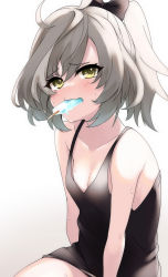 Rule 34 | 1girl, ahoge, alternate hairstyle, amai nekuta, arm at side, assault lily, bare arms, bare shoulders, black bow, black camisole, blush, bow, breasts, camisole, cleavage, closed mouth, collarbone, cowboy shot, food, food in mouth, gradient background, grey background, grey hair, hair between eyes, hair bow, hot, medium hair, mouth hold, multicolored hair, ponytail, popsicle, popsicle in mouth, raised eyebrows, sasaki ran, sitting, small breasts, solo, streaked hair, sweat, white background, yellow eyes