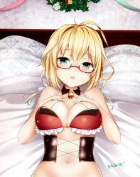 Rule 34 | 1girl, ahoge, artist name, bell, blonde hair, blush, bra, breasts, detached collar, glasses, green eyes, hair between eyes, highres, i-8 (kancolle), kantai collection, large breasts, long hair, omoomomo, open mouth, red-framed eyewear, red bra, signature, solo, underwear