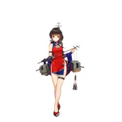 Rule 34 | 1girl, brown hair, cannon, china dress, chinese clothes, detached sleeves, dress, elbow gloves, full body, gloves, hair ornament, liu lan, looking at viewer, machinery, mole, mole under eye, official art, red dress, red eyes, sa (h28085), shawl, short hair, side slit, single glove, single sleeve, solo, thigh strap, transparent background, turret, warship girls r, yat sen (warship girls r)