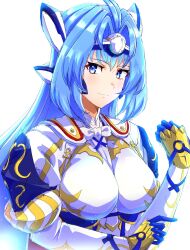 Rule 34 | 1girl, alear (female) (fire emblem), alear (female) (fire emblem) (cosplay), alear (fire emblem), android, blue eyes, blue hair, blush, bow, bowtie, breasts, cosplay, elbow gloves, fire emblem, fire emblem engage, forehead protector, gauntlets, gloves, highres, intelligent systems, kos-mos, kos-mos ver. 4, large breasts, long hair, looking at viewer, medium breasts, monolith soft, nintendo, simple background, smirk, solo, to (tototo tk), very long hair, xeno (series), xenosaga
