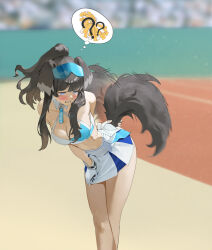Rule 34 | 1girl, absurdres, animal ears, black fur, black hair, blue archive, blue eyes, blurry, blurry background, blush, breasts, cleavage, commentary request, dog ears, dog girl, dog tail, facing viewer, feet out of frame, female focus, fingerless gloves, frown, gloves, goggles, goggles on head, grabbing own tail, hibiki (blue archive), hibiki (cheer squad) (blue archive), highres, korean commentary, large breasts, leaning forward, legs together, midfinger, outdoors, pleated skirt, pom pom (cheerleading), sidelocks, skirt, solo, speech bubble, standing, tail, white gloves, white skirt
