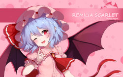 Rule 34 | 1girl, ;d, bat background, blush, character name, commentary request, copyright name, demon wings, dress, fang, hair between eyes, hat, hat ribbon, highres, index finger raised, light purple hair, medium hair, mob cap, nail polish, one eye closed, open mouth, pink background, pink dress, pointing, pointing at self, puffy short sleeves, puffy sleeves, red eyes, red nails, red neckwear, red ribbon, remilia scarlet, ribbon, short sleeves, slit pupils, smile, snozaki, solo, touhou, upper body, vampire, wings