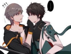 Rule 34 | ..., 2boys, blue eyes, blush, brown hair, covering another&#039;s mouth, dan heng (honkai: star rail), grey hair, honkai: star rail, honkai (series), hood, hoodie, long sleeves, looking at another, male focus, moyu youyin, multiple boys, open mouth, orange eyes, short hair, trailblazer (honkai: star rail), caelus (honkai: star rail), white background, yaoi