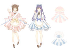 Rule 34 | 1990s (style), 2girls, 3000 xiao chun, absurdres, alternate costume, apron, bow, brooch, brown hair, capelet, cardcaptor sakura, character sheet, daidouji tomoyo, dress, green eyes, hair bow, highres, jewelry, kinomoto sakura, long hair, long sleeves, looking at viewer, multiple girls, open mouth, puffy short sleeves, puffy sleeves, purple eyes, purple hair, retro artstyle, sash, short sleeves, smile, striped clothes, striped dress, very long hair, waist apron, wrist cuffs