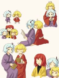Rule 34 | 3others, absurdres, aged down, androgynous, antenna hair, baila kuangzi, blonde hair, blue eyes, blue hair, chibi, chinese commentary, closed eyes, closed mouth, commentary request, fujiwara no iyozane, highres, hug, hug from behind, japanese clothes, kimono, len&#039;en, long sleeves, medium hair, multiple others, multiple views, no nose, ooama no ake no mitori, ooya kunimitsu, open mouth, other focus, purple kimono, red hair, red kimono, short hair, side ponytail, sitting, smile, step-siblings, sweat, wide sleeves, yellow eyes