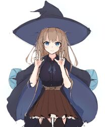 Rule 34 | absurdres, black hat, blue eyes, brown hair, double v, elise, hat, highres, non-web source, original, robe, shionoko, skirt, thighhighs, v, witch, witch hat