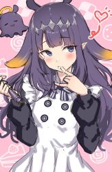 Rule 34 | apron, black dress, blush, dress, finger in own mouth, heart, highres, holding, holding whisk, hololive, hololive english, long hair, looking at viewer, mole, mole under eye, ninomae ina&#039;nis, ninomae ina&#039;nis (6th costume), official alternate costume, pointy ears, purple eyes, purple hair, ryuinu, takodachi (ninomae ina&#039;nis), tentacle hair, virtual youtuber, whisk, white apron