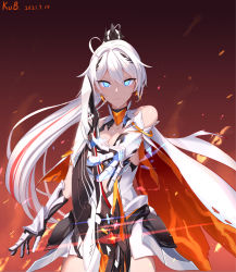 Rule 34 | 1girl, absurdres, antenna hair, armor, bare shoulders, black gloves, blue eyes, breasts, cleavage, closed mouth, earrings, fire, gauntlets, gloves, hair between eyes, hair ornament, hfp~kubiao, highres, holding, holding sword, holding weapon, honkai (series), honkai impact 3rd, jewelry, kiana kaslana, kiana kaslana (herrscher of flamescion), ponytail, smile, solo, sword, v-shaped eyebrows, weapon, white hair