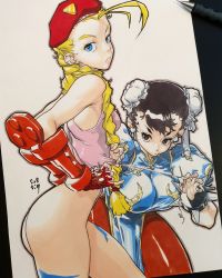 Rule 34 | ahoge, antenna hair, beret, blonde hair, blue dress, blue eyes, bracelet, braid, breasts, brown eyes, brown hair, bun cover, cammy white, capcom, china dress, chinese clothes, chun-li, cre.o.n, double bun, dress, earrings, fingerless gloves, garrison cap, gauntlets, gloves, hair bun, hands on own hips, hat, highleg, highleg leotard, highres, holding, holding needle, huge ahoge, jewelry, leaning forward, leotard, looking at viewer, needle, pantyhose, pelvic curtain, pink leotard, puffy short sleeves, puffy sleeves, sewing, sewing needle, short hair, short sleeves, simple background, spiked bracelet, spikes, standing, street fighter, street fighter v, thong leotard, white background