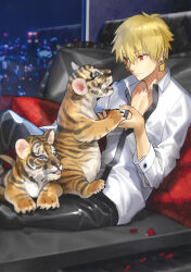 Rule 34 | absurdres, blonde hair, fate/extella, fate/extra, fate (series), gilgamesh (fate), highres, non-web source, official art, red eyes, tiger, wada arco