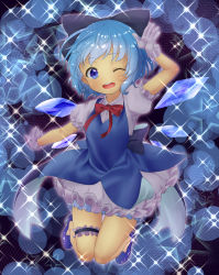 Rule 34 | 1girl, ;d, absurdres, arm up, back bow, bloomers, blue background, blue bow, blue dress, blue eyes, blue footwear, blue hair, blue ribbon, blue theme, blush, bow, bowtie, breasts, bridal garter, buttons, cirno, collaboration, collared shirt, dress, earrings, eyebrows, frilled gloves, frilled skirt, frilled sleeves, frills, full body, gloves, hair bow, hair ribbon, high heels, highres, ice, ice wings, jewelry, katsura dendou, knees together feet apart, looking at viewer, one eye closed, open mouth, outstretched arm, paragasu (parags112), puffy short sleeves, puffy sleeves, purple outline, red bow, red bowtie, red ribbon, ribbon, salute, shirt, shoes, short hair, short sleeves, sidelocks, skirt, sleeveless, sleeveless dress, small breasts, smile, solo, sparkle, star (symbol), stud earrings, teeth, thigh gap, touhou, underwear, white gloves, white shirt, wings, wink