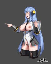 Rule 34 | 1girl, arm up, beeeeen, between breasts, black thighhighs, blue hair, bottomless, breasts, breasts out, censored, collared shirt, commentary request, cropped legs, female pubic hair, grey background, headset, highres, holding, hraesvelgr (last origin), korean commentary, large breasts, last origin, long hair, looking away, mosaic censoring, necktie, necktie between breasts, nipples, open clothes, open mouth, open shirt, pubic hair, shirt, simple background, solo, thighhighs, very long hair, white shirt, yellow eyes